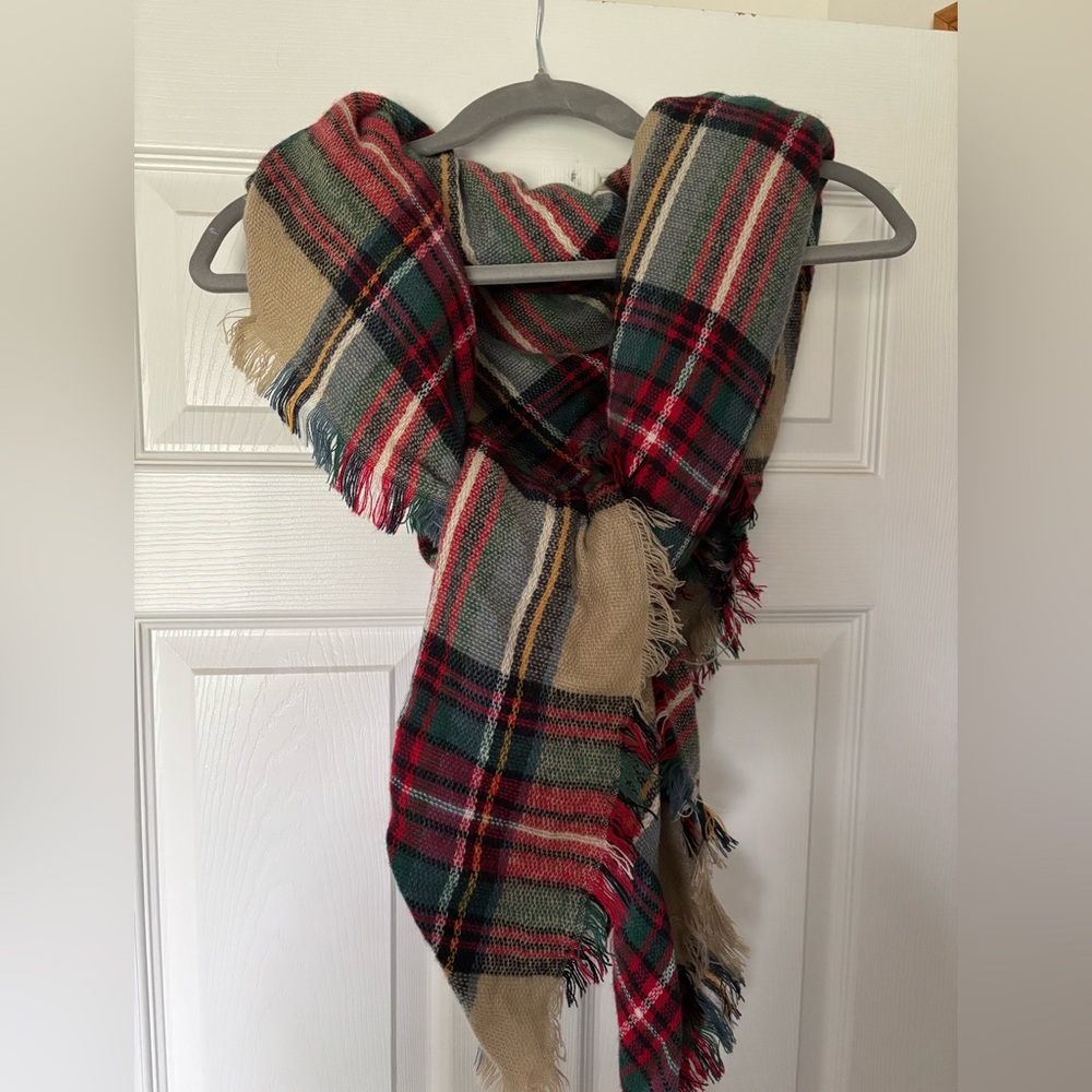 Plaid Fringed Scarf in Red, Green, and Tan
